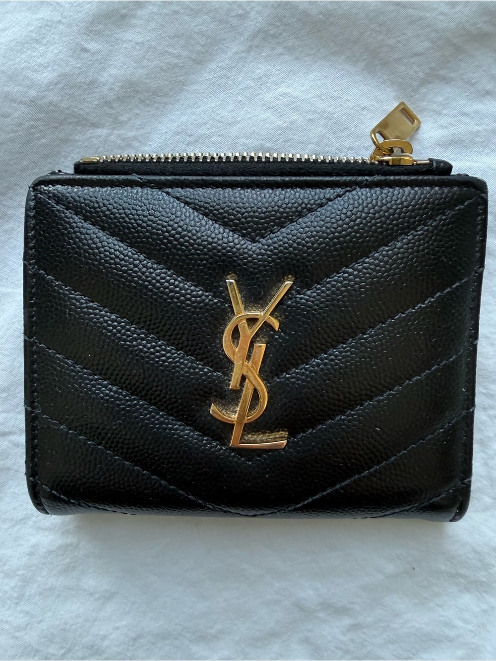 Saint Laurent Black Chevron Quilted Leather Wallet with Gold YSL Logo